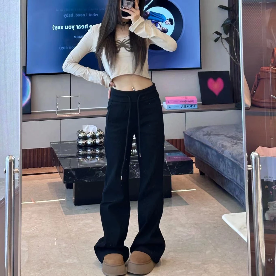 【完美身材】拖地高腰直筒微喇薄绒休闲设计感百搭时尚黑色修身裤子