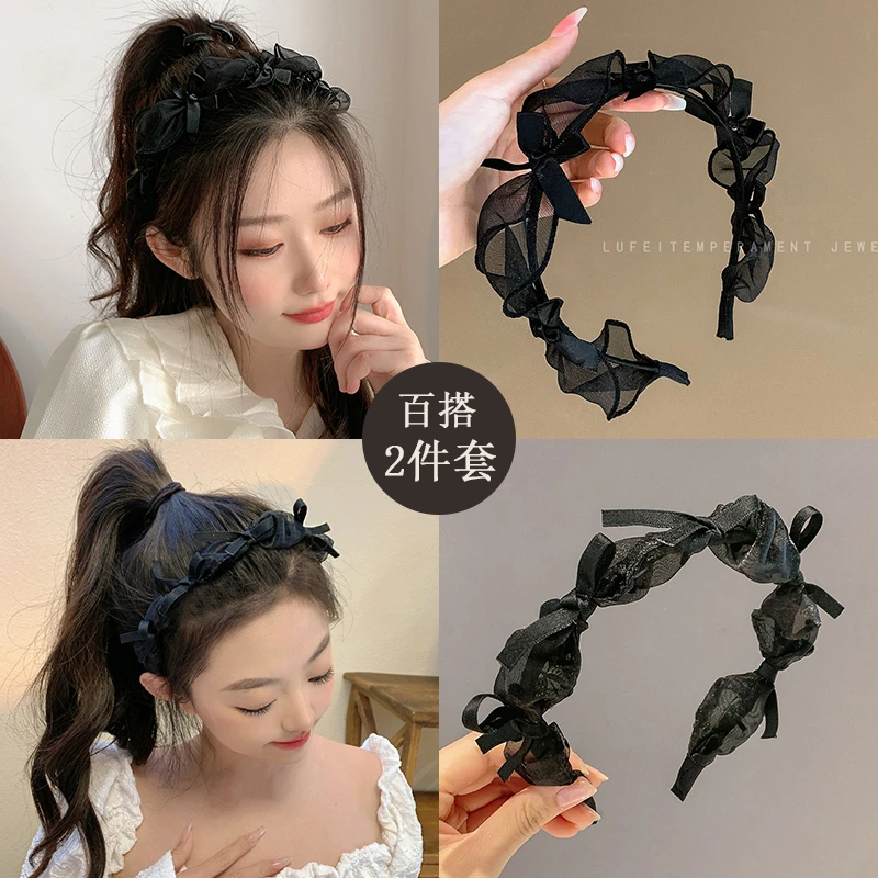 布艺发饰~气质黑色蕾丝高颅顶发箍女头箍压发捆蝴蝶结头饰发卡