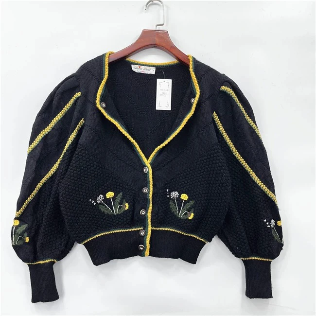 日系vintage 古着手工羊毛重工刺绣立体勾花毛衣开衫外套