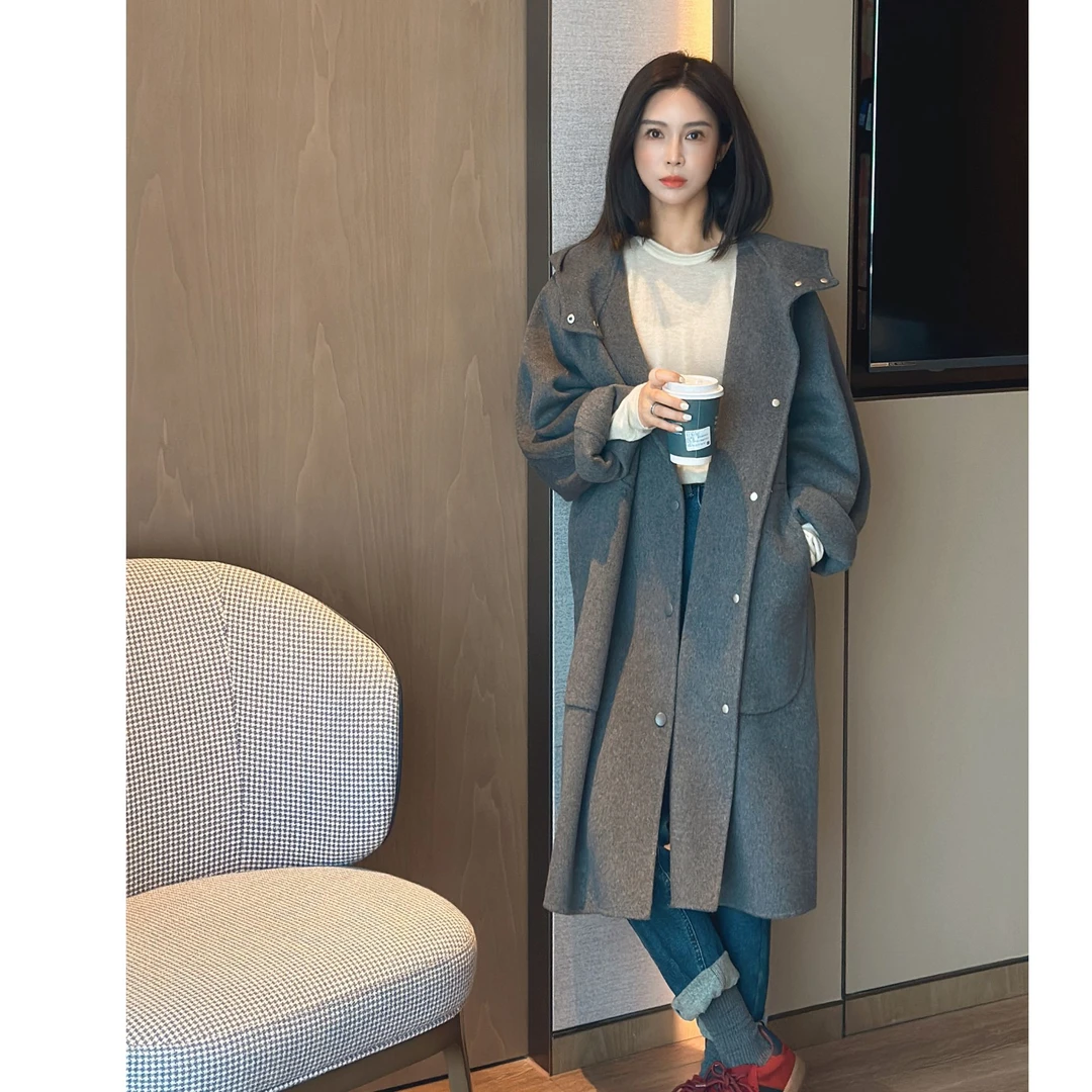 LYXZ x 大小与【维纳斯】秋冬新款连帽单排扣立体口袋毛呢外套74156