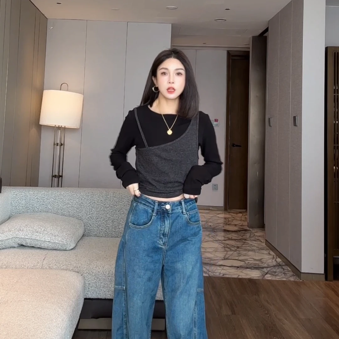 LYXZ x 大小与【流素】冬季红人上新撞色假两件长袖上衣74794