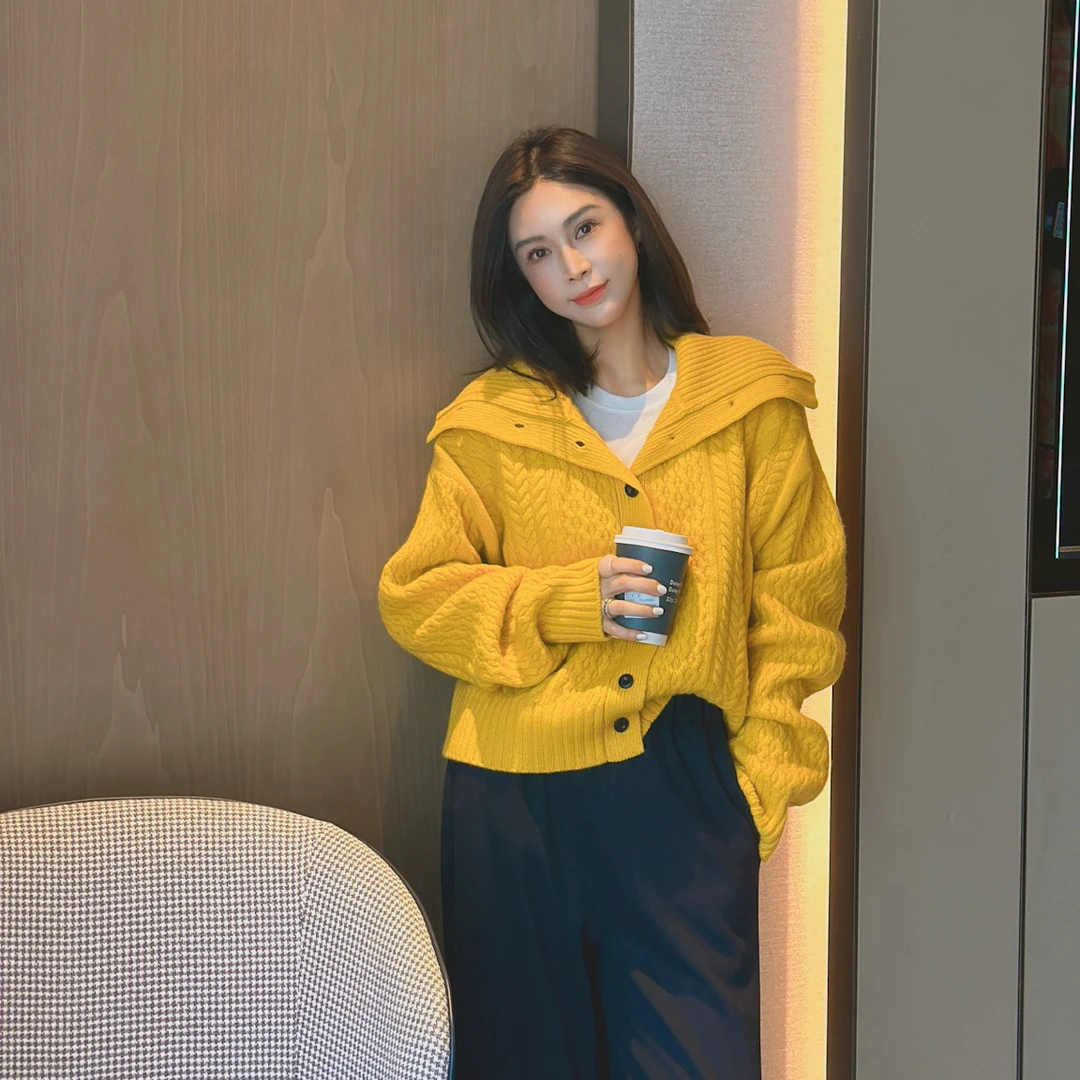 LYXZ x 大小与【织梦星】秋冬高领单排扣拼麻花针织开衫毛衣74421