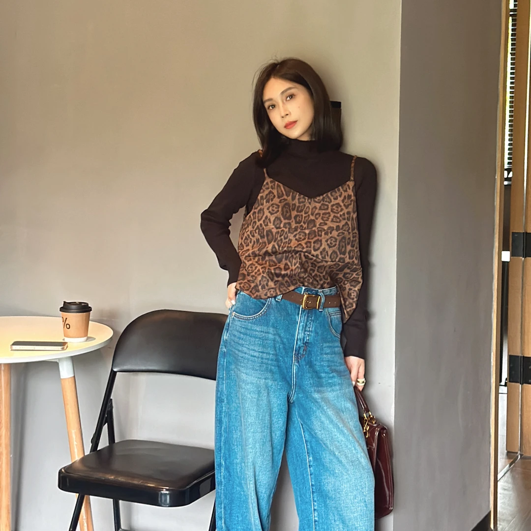 LYXZ x 大小与【小野猫】秋季立领针织衫加豹纹吊带两件套73969