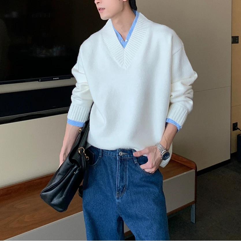 高端精致假两件毛衣男款冬季新款2024爆款高级感休闲 V领针织衫男