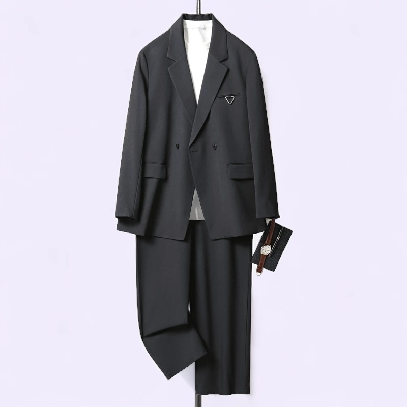 春秋季婚礼黑色新款气质休闲黑色男套装高级感双排扣宽松男士正装