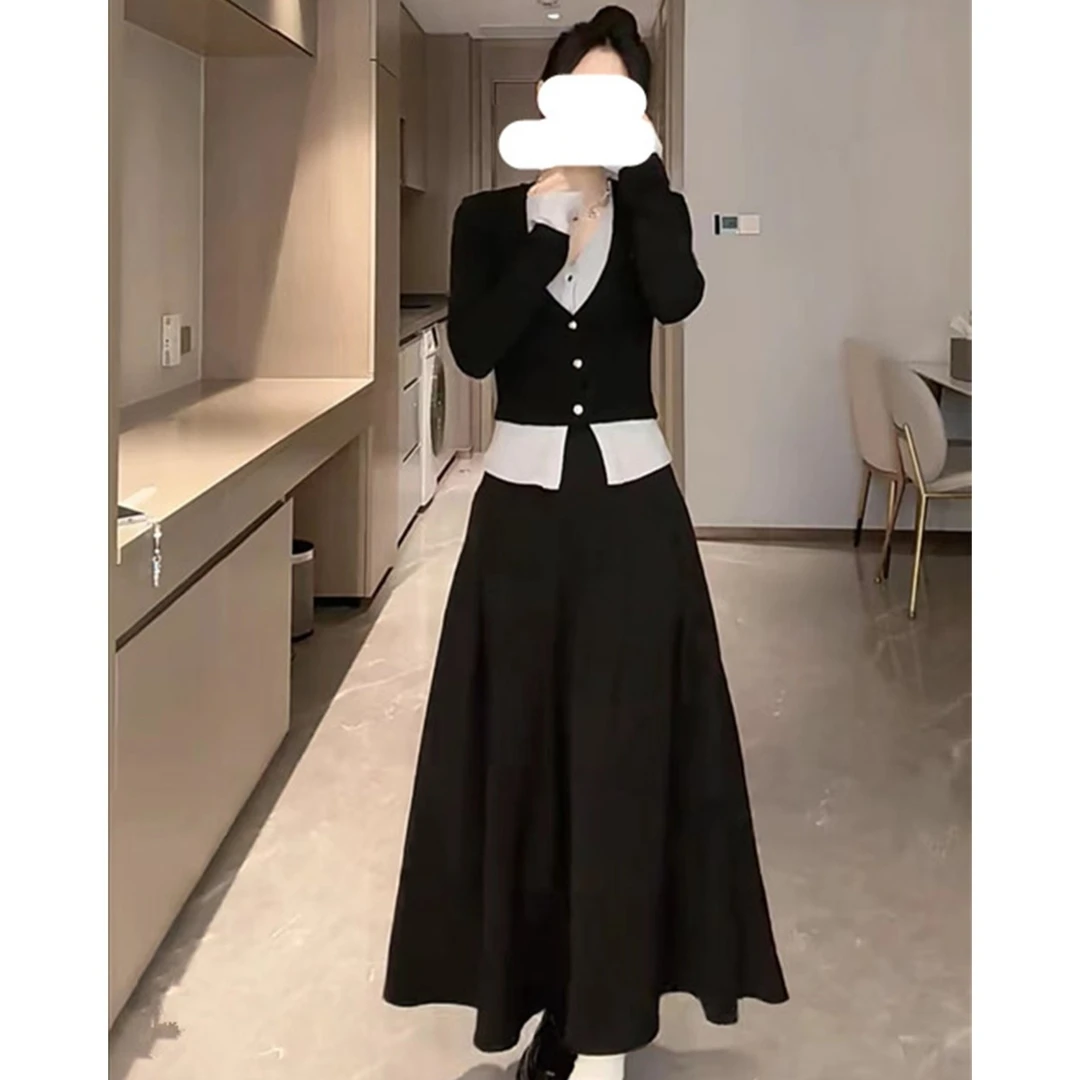 v领针织开衫女别致感修身显瘦假两件+半身裙修身显瘦长袖上衣洋气