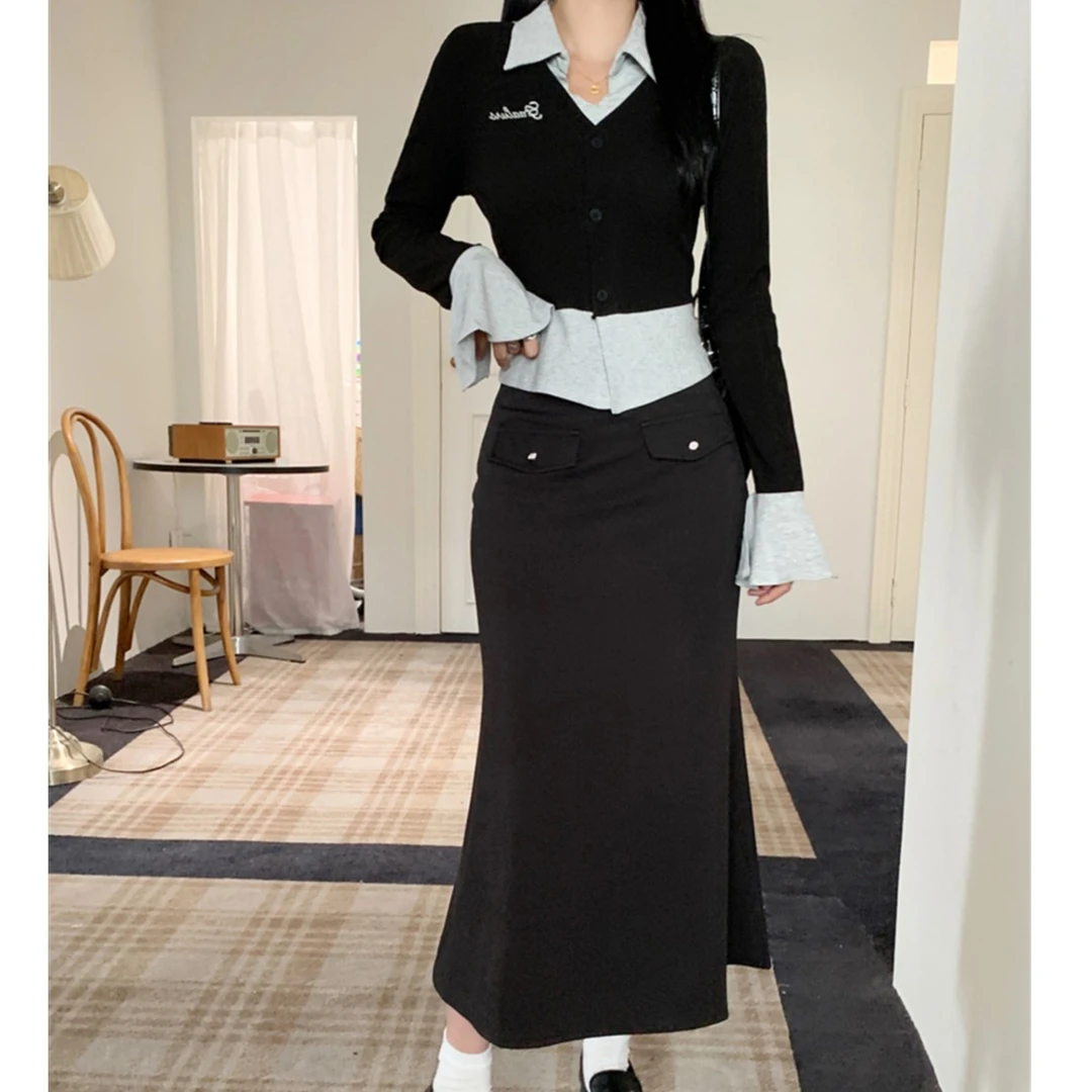 POLO领撞色假两件长袖上衣2023秋季新款显瘦高腰半裙套装修身包臀