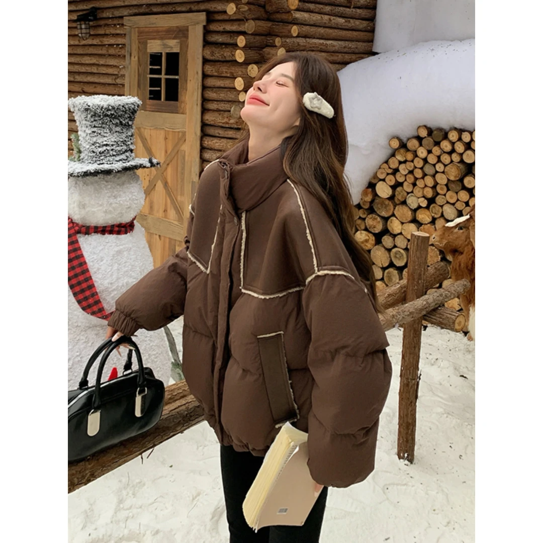 咖色加厚羽绒服女冬外套冬季少女过冬感立领超好看独特短款面包服