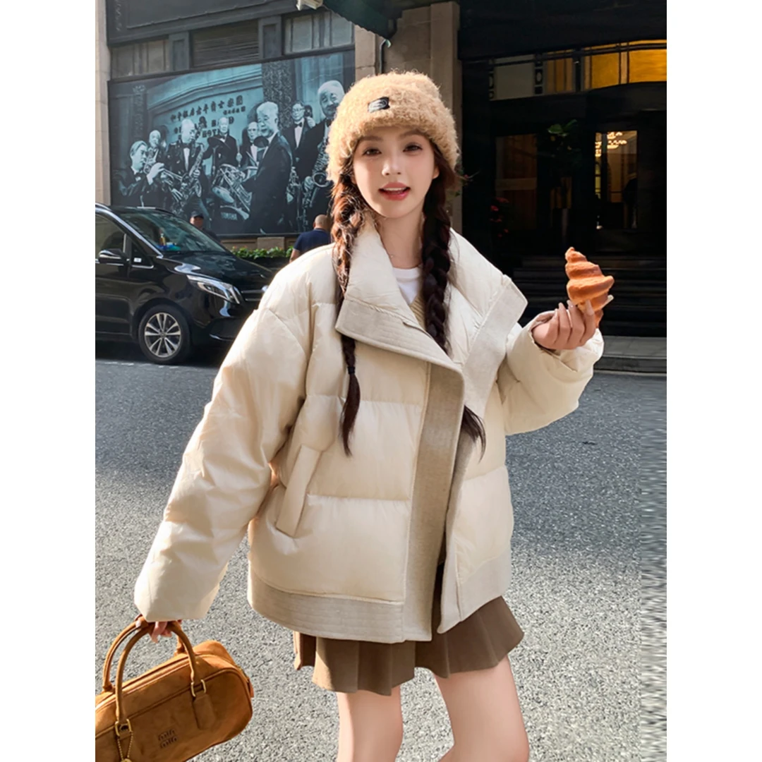 米白色羽绒服女冬季外套加厚2025韩系保暖连帽独特超好看短面包服