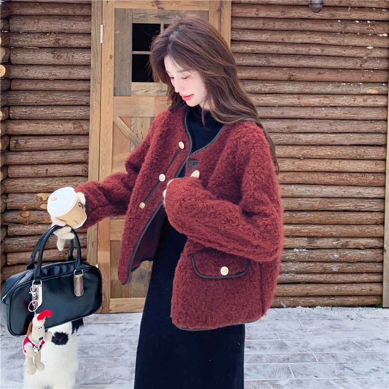 2025秋冬洋气款气质外套女红色保暖加厚毛绒小香风派克服