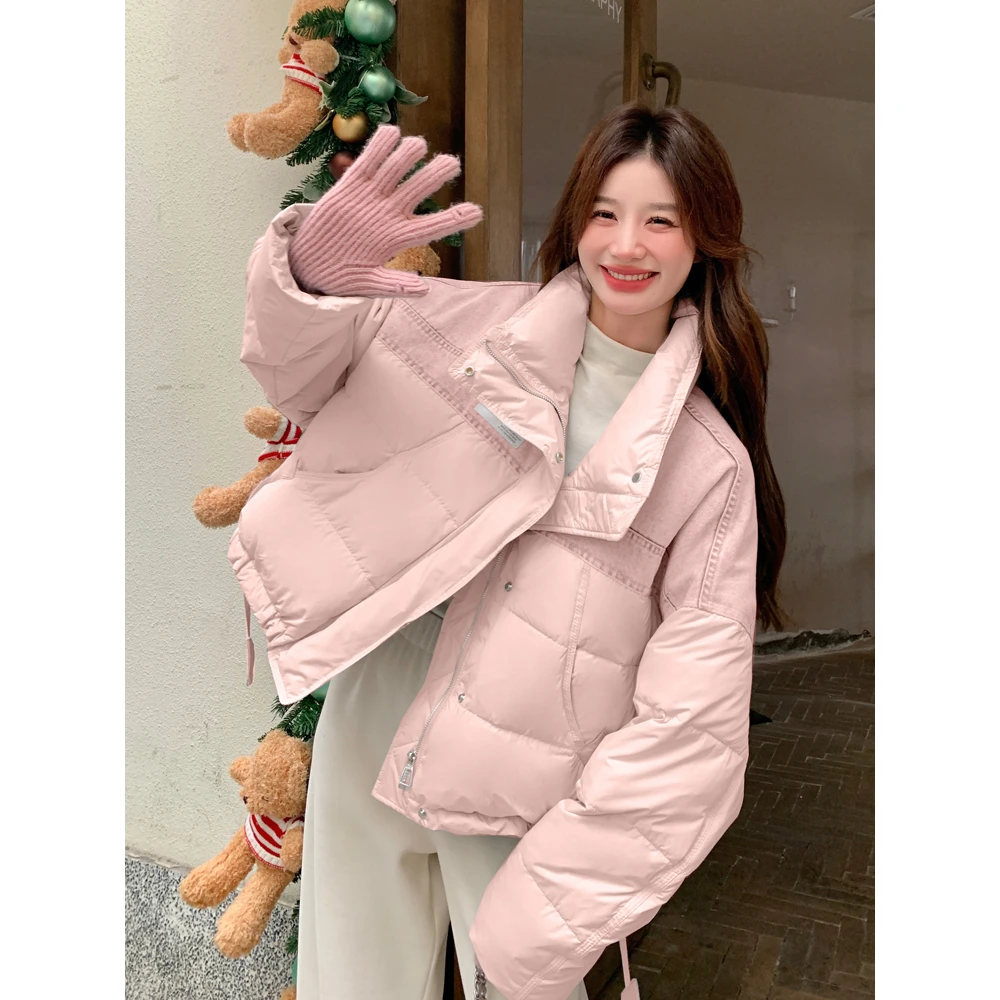 牛仔拼接短款羽绒服女冬2024新款韩系轻薄冬季面包服白鸭绒外套