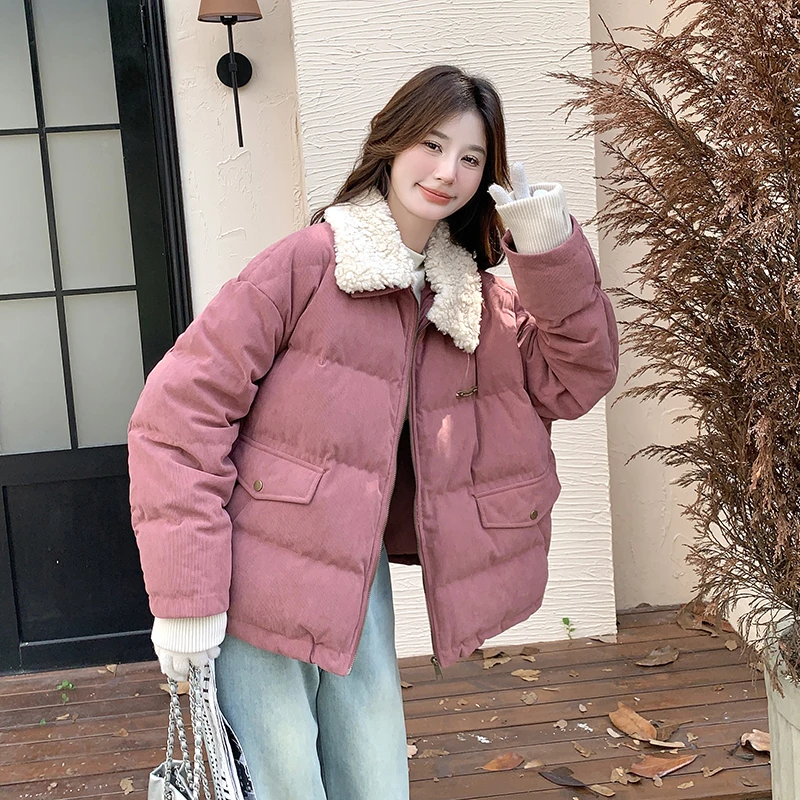 毛绒翻领粉色羽绒服女冬季外套加厚2024超好看小个子时尚短面包服