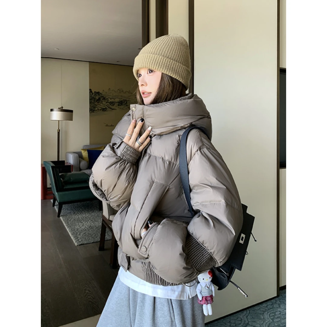 灰色保暖羽绒服女2025冬季短外套加厚韩系小个子连帽白鸭绒面包服