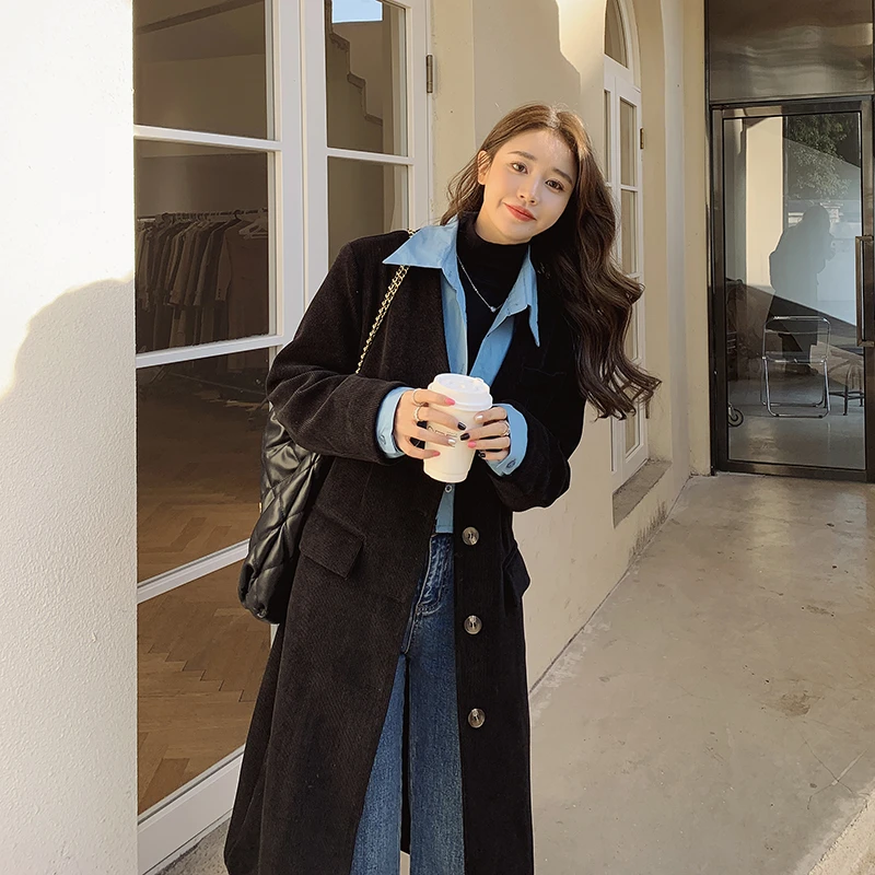 新款黑色衬衫领假两件百搭冬季女春秋季中长款时尚休闲感气质大衣