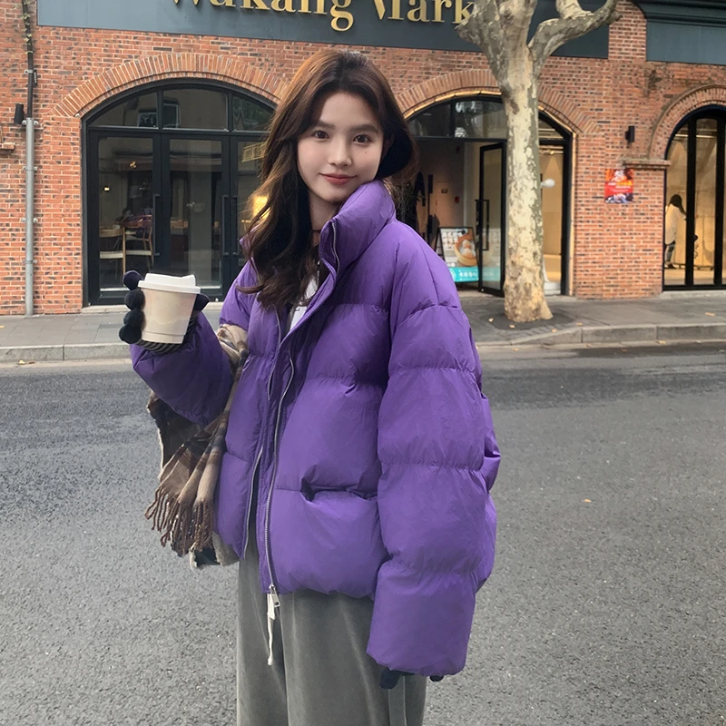 紫色短款羽绒服女2025冬新款轻薄韩系面包服加厚冬季白鸭绒外套
