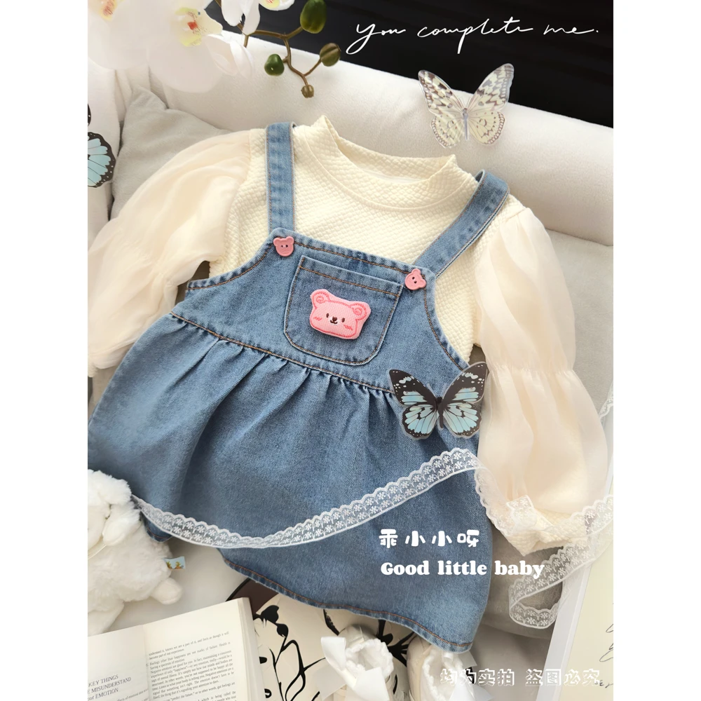 乖小小2024秋款韩系可爱牛仔裙卡通女小童洋气轻奢可爱背带裙女孩