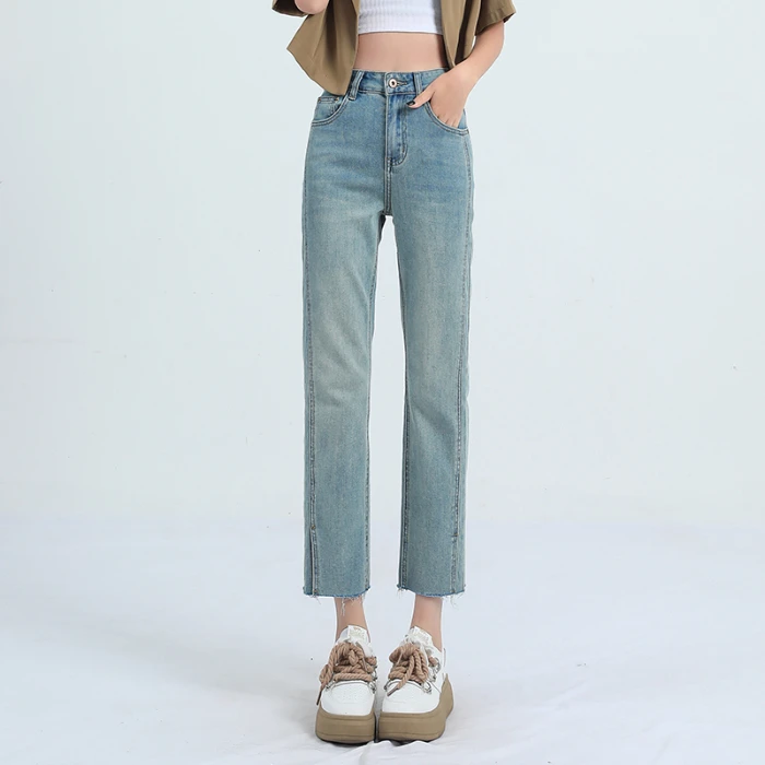 秋冬新款高腰法棍烟管直筒牛仔裤女显瘦修身 九分小个子烟管裤