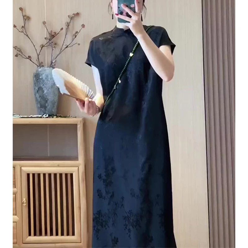 2024新中式复古中国风改良旗袍裙女轻熟御姐风显瘦垂感黑色连衣裙