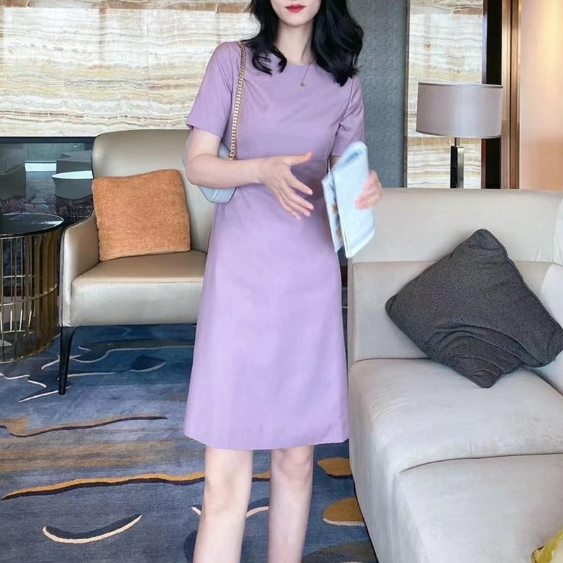女款爆款2024新款夏季收腰裙子紫色高级奢华女士气质短袖连衣裙