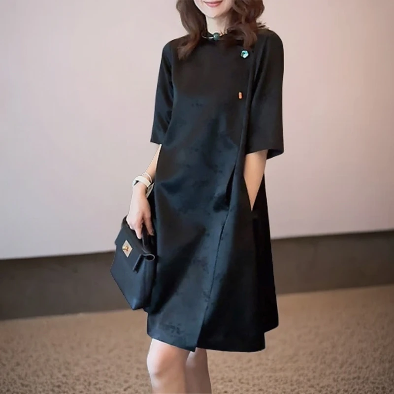 夏季气质显瘦黑色宽松连衣裙复古设计感时尚裙子新款遮肉旗袍裙