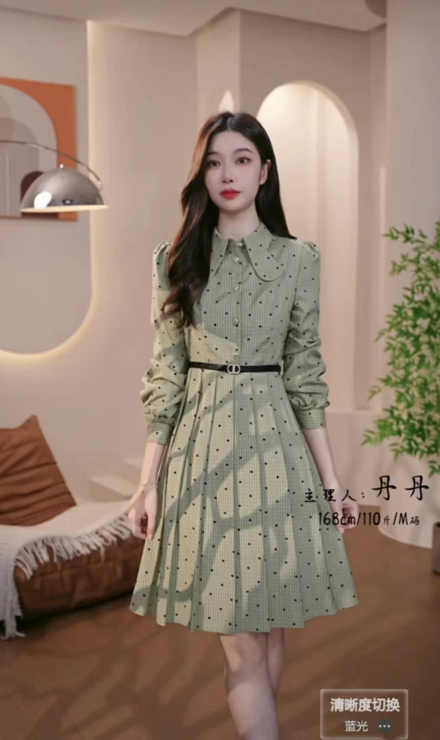 【蒂妮佳】6745囯内设计师品牌女装气质收腰长袖格子连衣裙