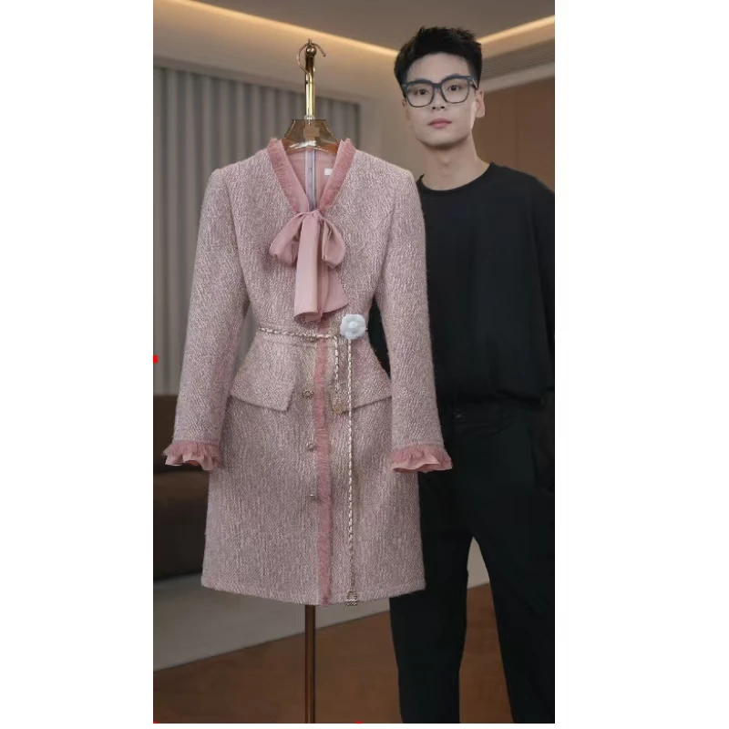 【蒂纳公主轻奢定制】1867秋冬季品牌女装气质粉色长袖小香风连衣裙