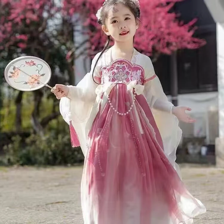 汉服女童夏款儿童古风超仙襦裙中国风2024新款花神古装连衣裙绿粉