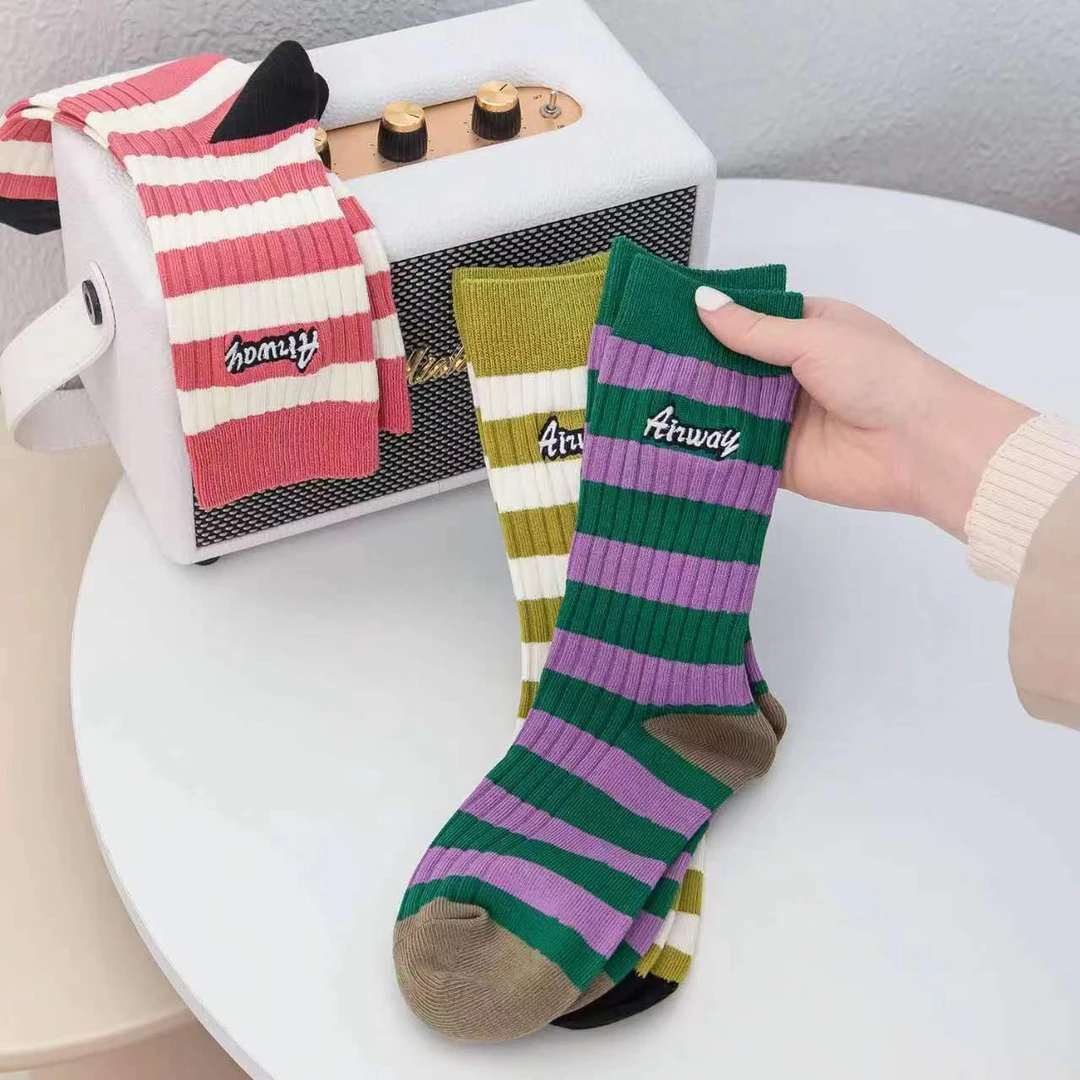 韩版双针刺绣条纹女潮袜ins百搭潮流