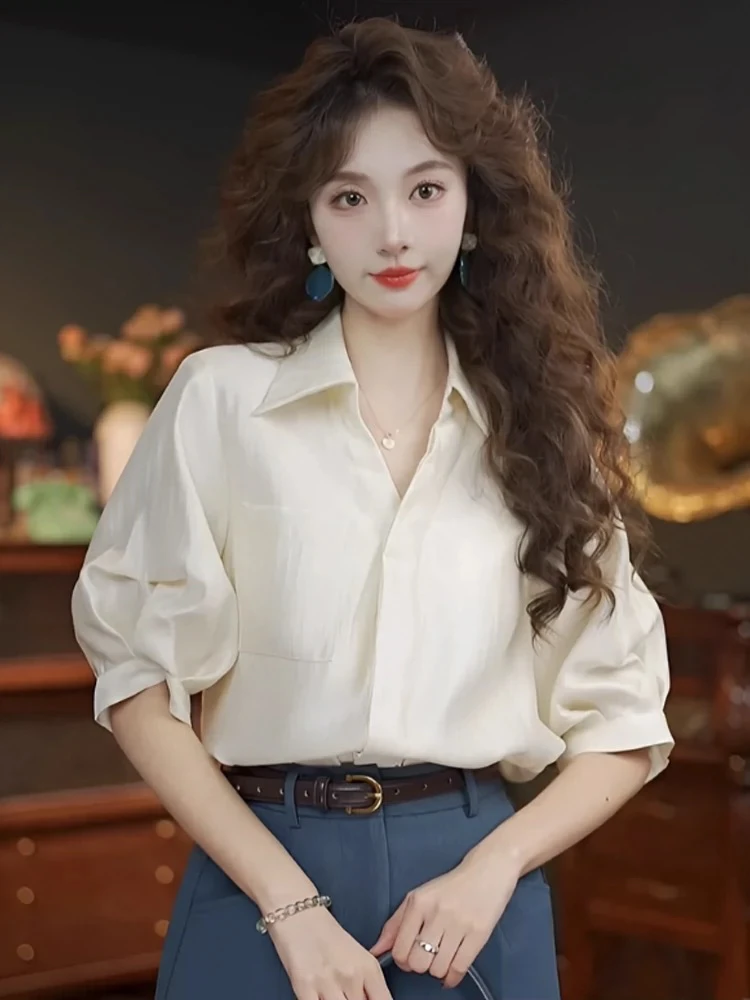 宽松V领气质上衣复古纯色短袖衬衫女夏季新款宽松别致【8300】