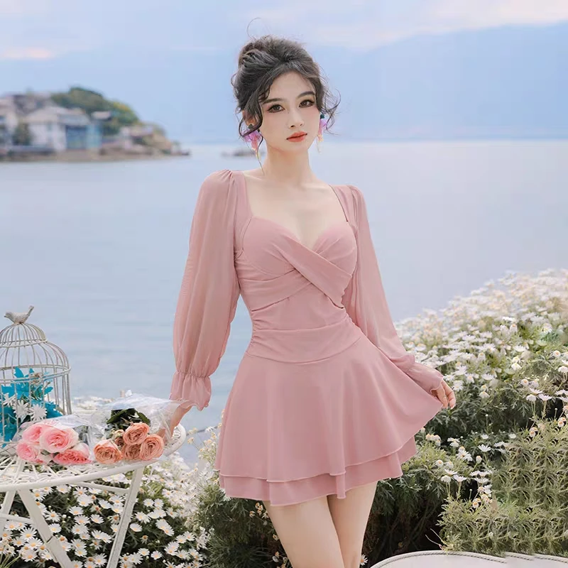 简约高级感纯色泳衣女连体裙式大码胖mm200斤性感聚拢显瘦遮肚