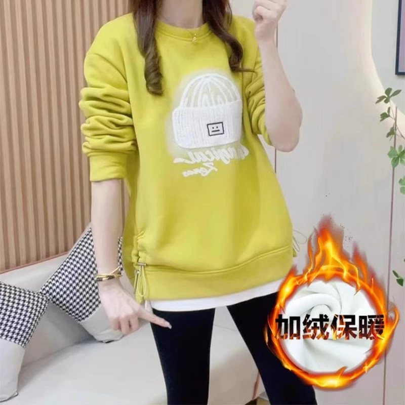 2025秋冬季新款侧面开叉帽子刺绣时尚洋气中长款加绒加厚圆领卫衣