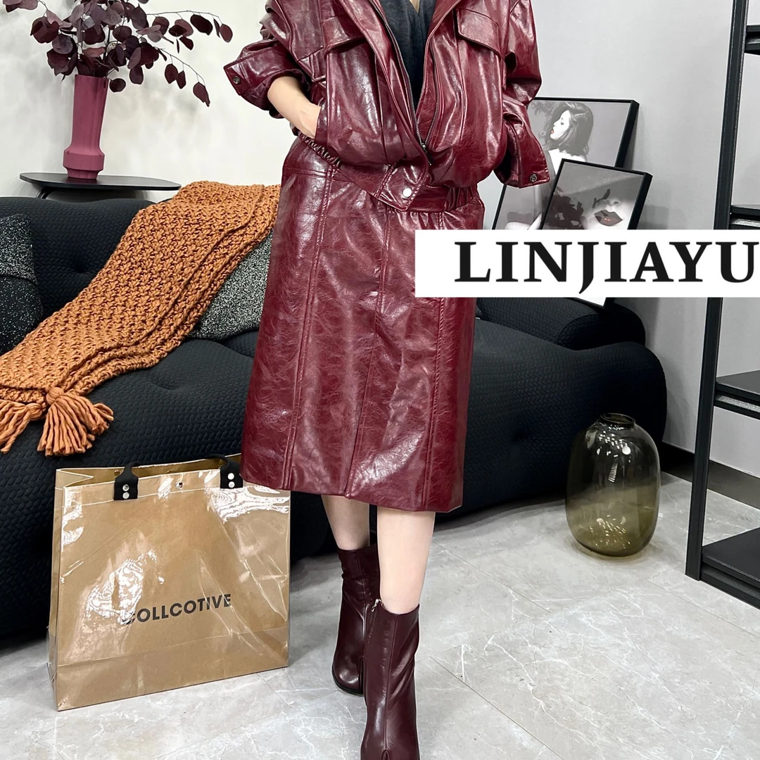 LINJIAYU高级感定制显瘦气质时尚安克拉红皮裙半身裙1805