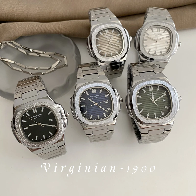 【Virginian1900】方形鹦鹉螺日历夜光钢带石英防水正品时尚男手表