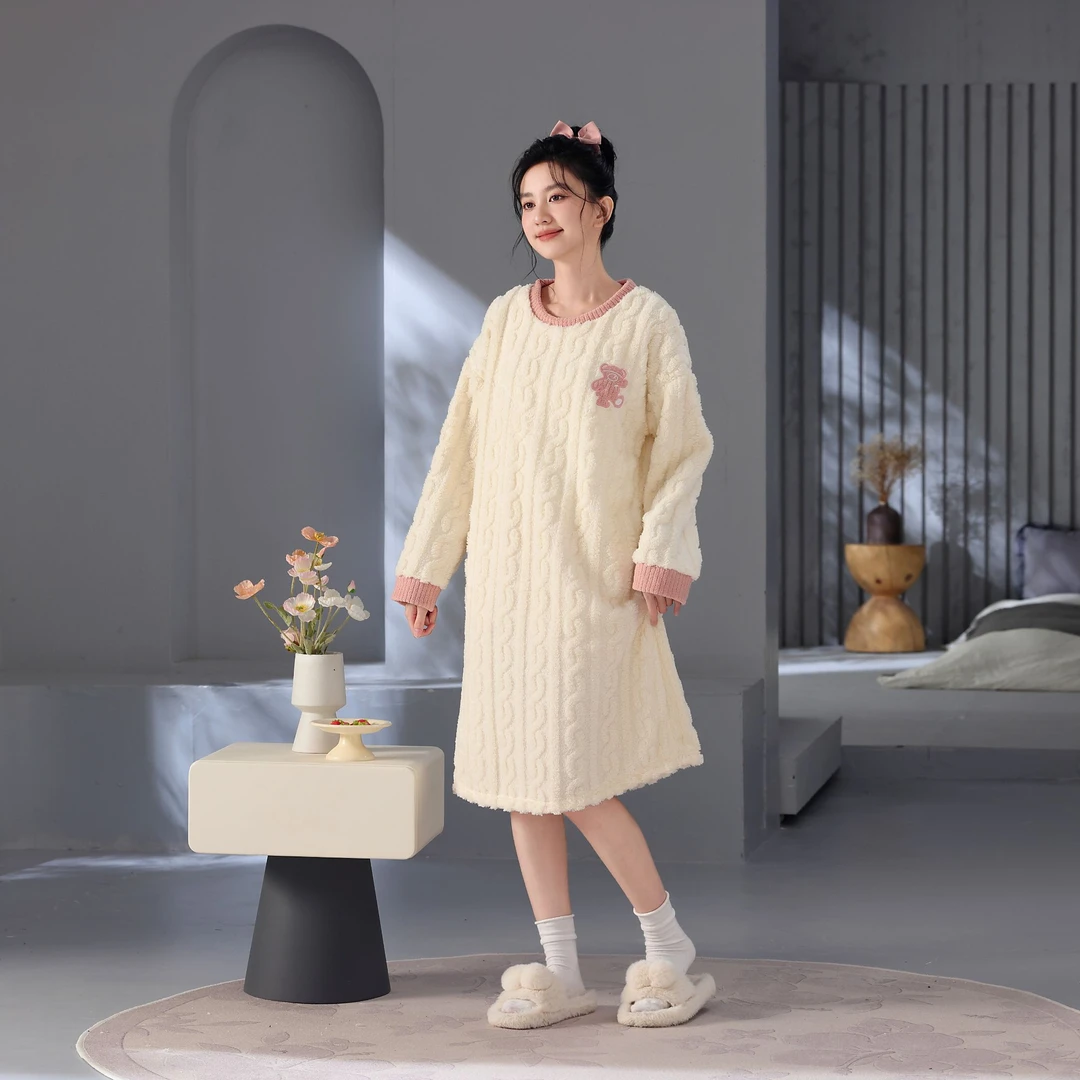 珊瑚绒睡裙加长过膝加厚加绒冬季网红长袖中长款冬款保暖家居服