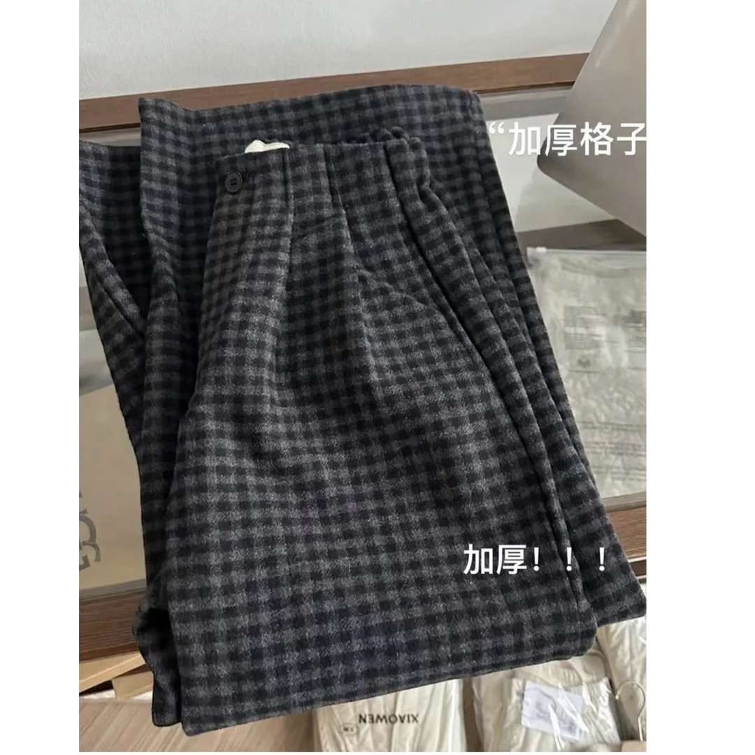 2 秋冬新款加厚复古格子裤女半松紧宽松百搭显瘦经典阔腿裤8114