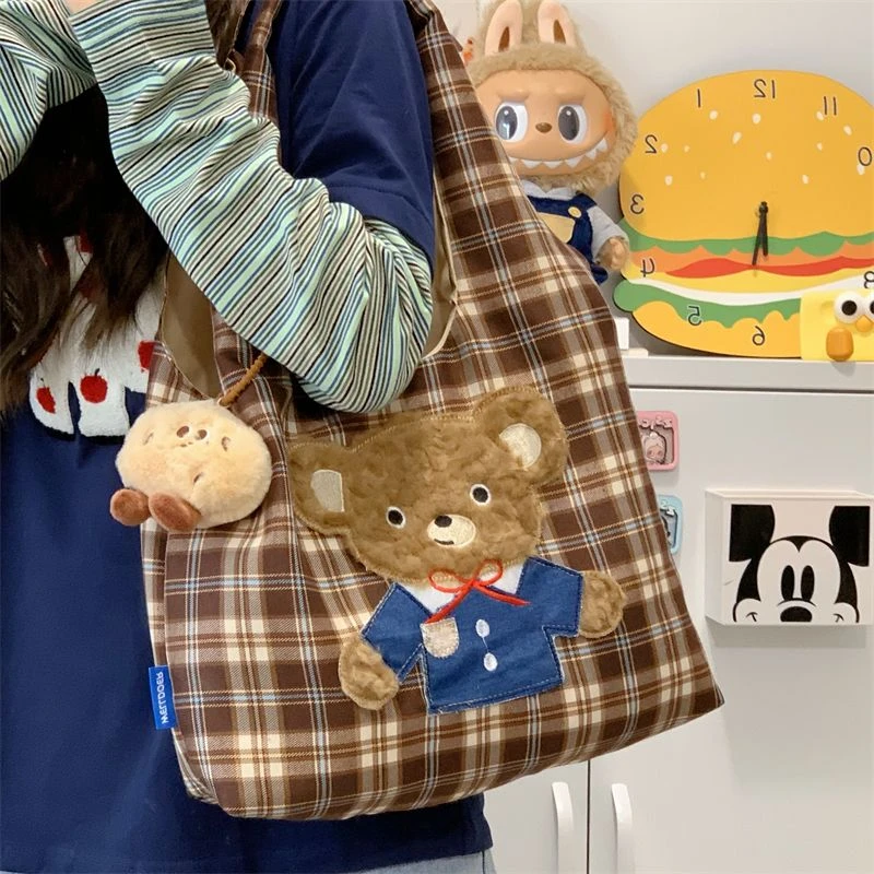 可爱格子小狗单肩包韩系ins风大容量帆布包袋复古少女通勤托特包