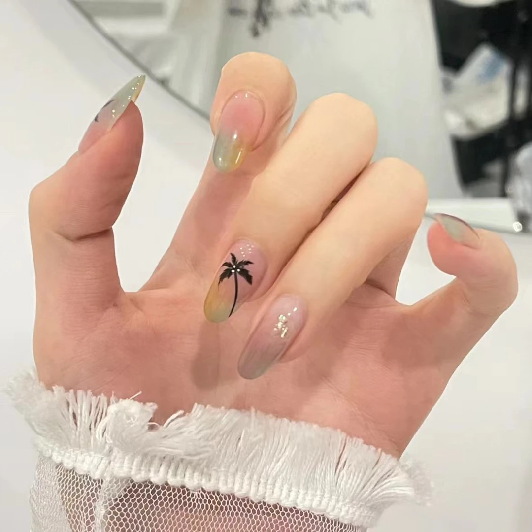 水滴甲冰透夏日多巴胺渐变椰树穿戴甲美甲片海岛风假指甲贴片