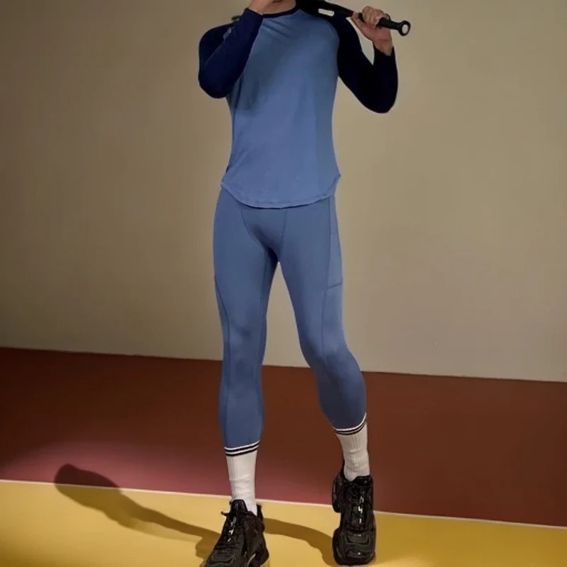 男士秋冬季高弹健身服拼接时尚紧身衣跑步训练篮球紧身裤压缩裤