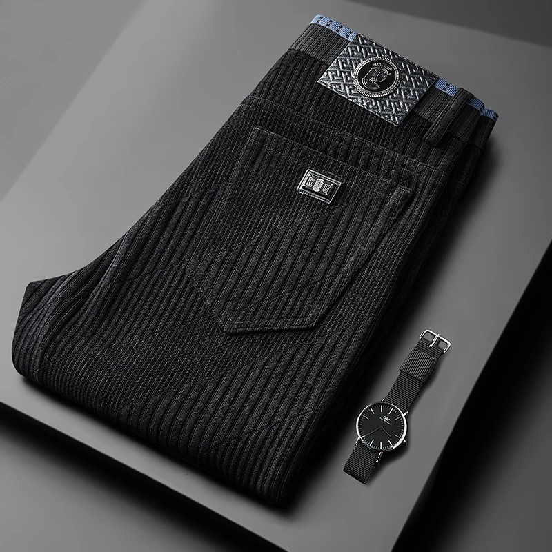 黑色灯芯绒男裤男士商务休闲裤直筒条纹美拉德修身中老年长裤裤子