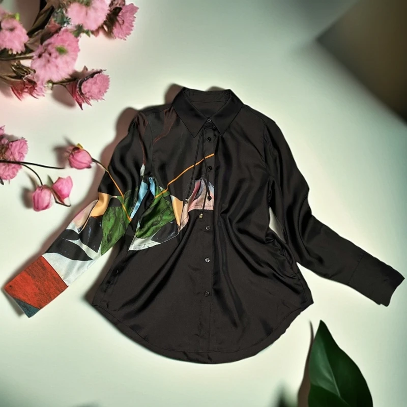 VV&AA时尚气质小盘扣复古印花真丝衬衫R42