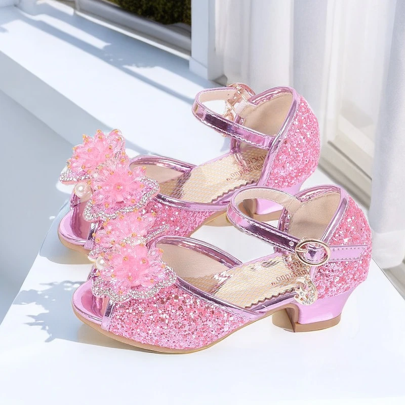 女童凉鞋2024新款韩版夏季小女孩鱼嘴高跟鞋儿童公主鞋软底水晶鞋