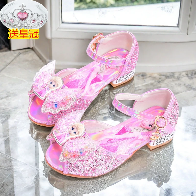 女童凉鞋2024新款爱莎公主鞋冰雪奇缘儿童高跟鞋水晶鞋模特走秀鞋