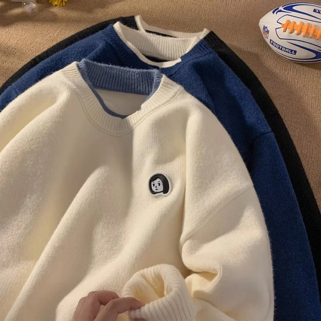 2024日系假两件毛衣男女秋装慵懒风bf复古软糯套头针织衫