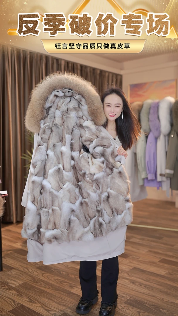 钰言【小火炉】狐狸毛内胆长款时尚百搭保暖简约保暖气质女士派克服
