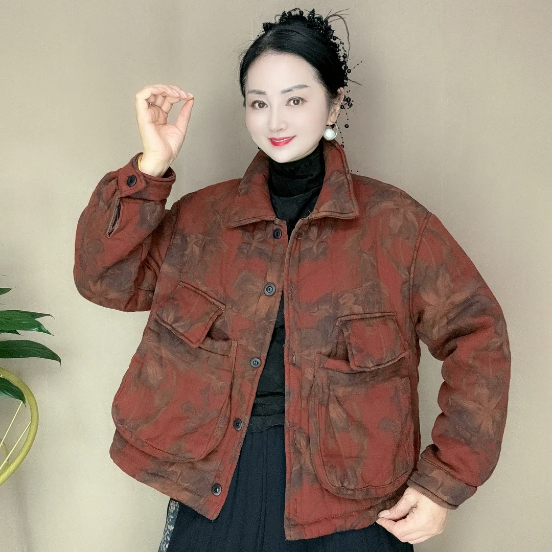 冬季新款复古中老年印花方领棉衣女宽松显瘦保暖百搭大口袋棉袄女