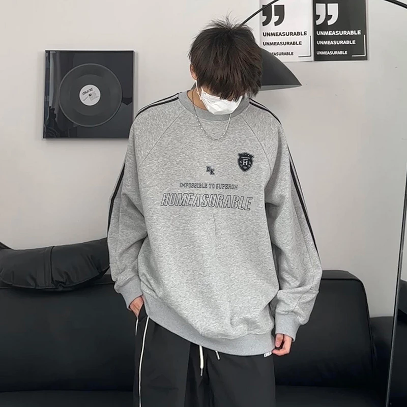 美式复古休闲卫衣春秋冬圆领长袖加绒时尚印花套头宽松百搭青少年