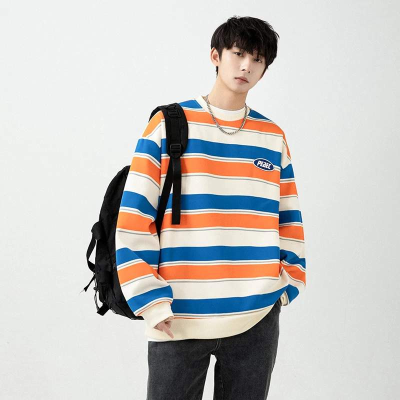 青少年高中生条纹加绒圆领卫衣男长袖学院风上衣宽松套头外套休闲