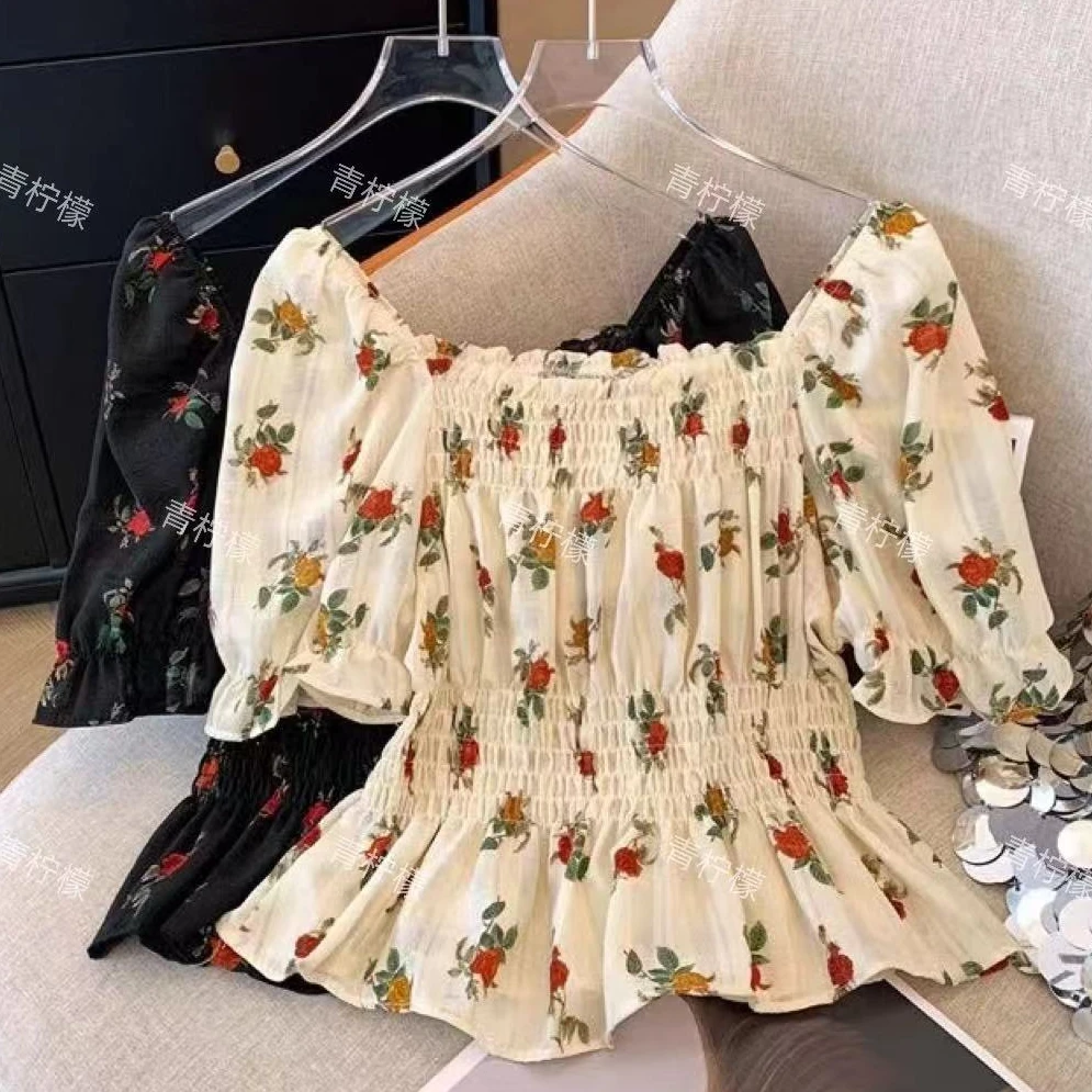 碎花方领衬衫女夏季新款小个子压褶收腰显瘦荷叶边小衫上衣