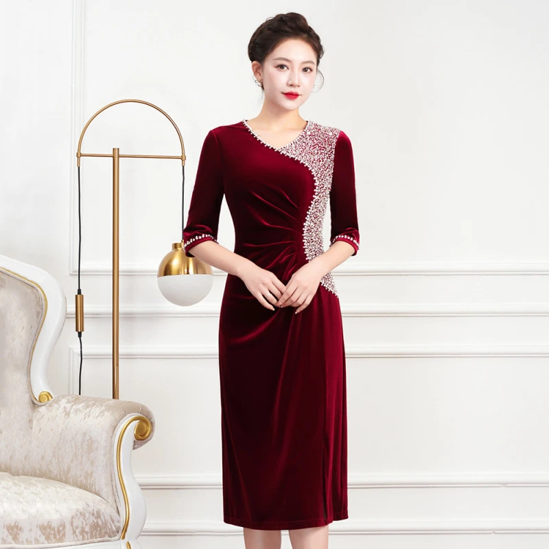 春秋气质大码高贵优雅礼服连衣裙宴会中老年喜婆婆妈妈装结婚礼服