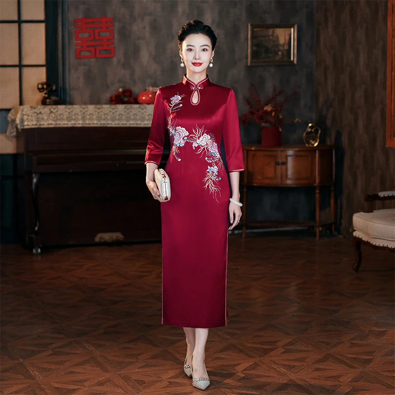 深圳婆婆中国风中长款高档礼服夏季醋酸刺绣妈妈大码气质中式裙子